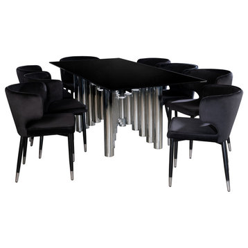 Kanika Rectangle Dining Set in Chrome/Black for 8