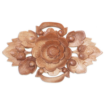 NOVICA Lotus Crest And Wood Wall Relief Panel