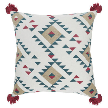 20" X 20" White Burgundy Tan And Teal 100% Cotton Geometric Zippered Pillow