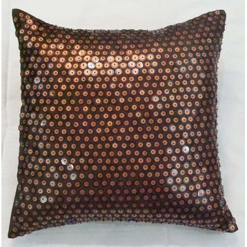 Dotted Brown Satin Throw Pillow Cover, Circle On Circle, 14"x14"