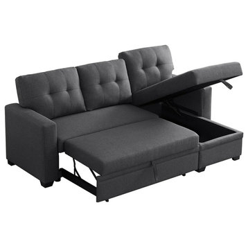 Modern L-Shape Sleeper Sofa, Reversible Design With Linen Upholstery, Dark Gray