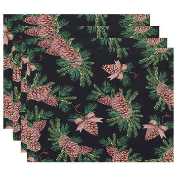 Greenery 18"x14" Black Holiday Print Placemat, Set of 4