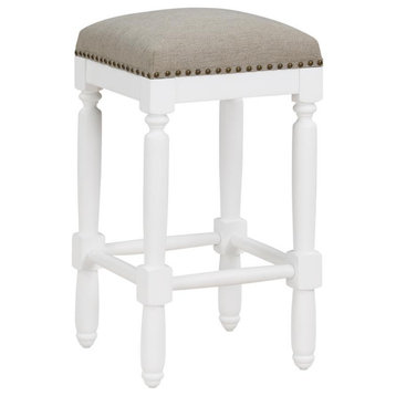 Farmington White Turned Leg Counter Stool with Taupe Upholstered Seat