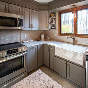 2 Tone Gray Kitchen with Quartz Countertop and Crackle Tile Backsplash