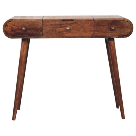 Solid Wood Honey Caramel Round Dressing Table, Brown, 2 Drawers, 4 Compartments