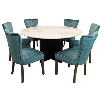 Lavaca 7-Piece Dining Set, 60" Round Dining Table and 3 Sets of Teal Chairs