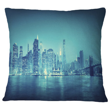 Blue New York At Night Cityscape Digital Throw Pillow, 16"x16"
