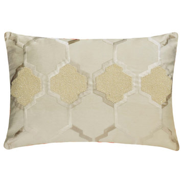 Ivory Jacquard 12"x24" Lumbar Pillow Cover, Lattice, Trellis Beaded Aafreen