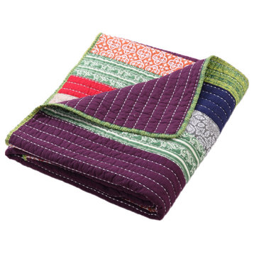 Benzara BM293479 Cotton Throw Blanket, Multi Color Stripes, Kantha Hand Quilting