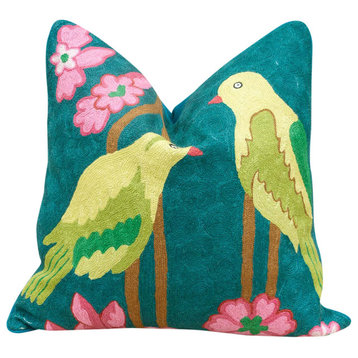 Tropical Green Birds Wool Embroidered Throw Pillow Cover