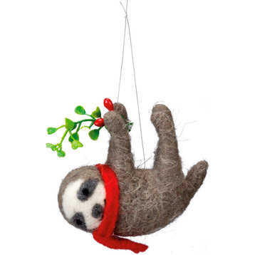 Sloth in a Red Scarf with Mistletoe Sprig Christmas Holiday Ornament