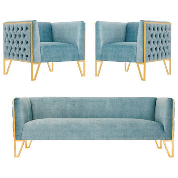 Manhattan Comfort Vector Gold Sofa & Armchair, Ocean Blue, 3-Piece