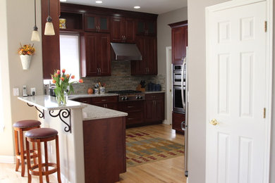 Inspiration for a mid-sized transitional u-shaped light wood floor eat-in kitchen remodel in Denver with an undermount sink, raised-panel cabinets, red cabinets, quartz countertops, multicolored backsplash, mosaic tile backsplash, stainless steel appliances and a peninsula