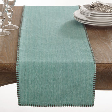 Celena Collection Whip Stitched Design Cotton Table Runner, Auqa