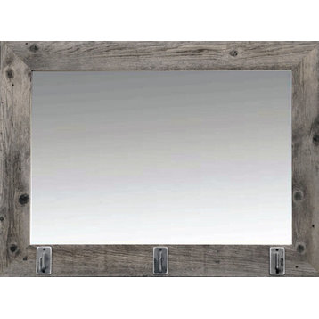Rustic Mirror, Barnwood Style With Iron Hooks, 16"x20"