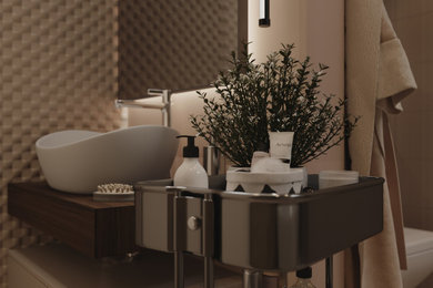 Источник вдохновения для домашнего уюта: ванная комната в современном стиле с плоскими фасадами, душевой кабиной и подвесной тумбой
