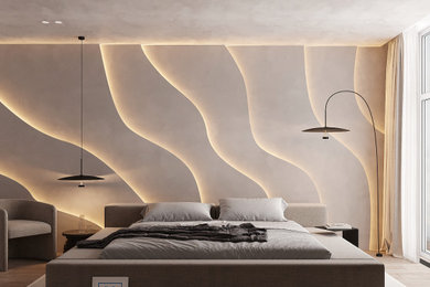 Ejemplo de dormitorio principal minimalista de tamaño medio con paredes beige, suelo laminado y suelo beige