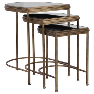Demilune Half Oval Nesting Table Modern Bronze Metal Mirror Top, 3-Piece Set