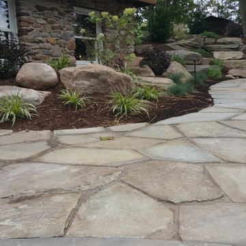Rural Landscape Design - Fieldstone Wall, Flagstone Path, Boulder Steps
