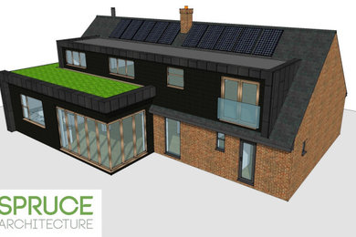 Ejemplo de fachada de casa negra moderna de tamaño medio de dos plantas con tejado plano y techo verde