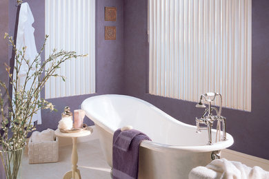 Claw-foot bathtub - large victorian master white tile and stone tile porcelain tile claw-foot bathtub idea in Orange County with purple walls