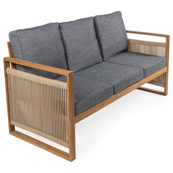 3-Seat Modern Roped Acacia Wood Outdoor Sofa, Cushions, Gray/Teak Brown