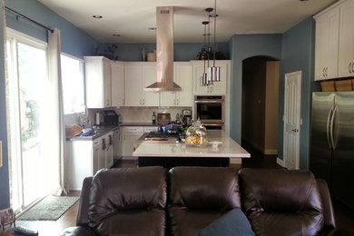Transitional dark wood floor kitchen photo in Phoenix with an undermount sink, white cabinets, quartzite countertops, white backsplash, stainless steel appliances and an island