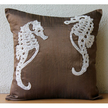 Brown Beaded Sea Horse 12"x12" Silk Pillowcase, Ivory Sea Horse