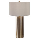 Uttermost - Uttermost Taria Brushed Brass Table Lamp - Finished in an antiqued brushed brass, this table lamp keeps it simple yet upscale with a large metal cylinder base with matching accents. The hardback drum shade is finished in a beige linen fabric