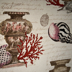Seashell red coral fabric antique documentary toile - Upholstery Fabric