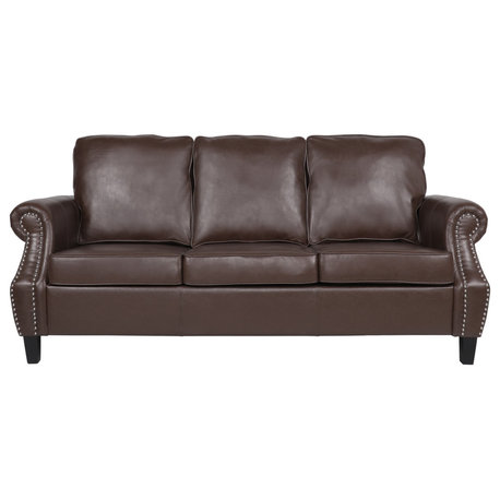 Burkehaven Contemporary Faux Leather 3 Seater Sofa With Nailhead Trim, Dark Brown