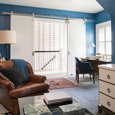 Home office - coastal home office idea in New York with blue walls
