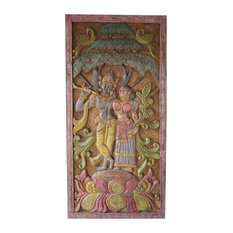 Mogulinterior - Consigned Indian Door Panel Vintage Carved Krishna Radha spiritual Sculpture - Wall Accents
