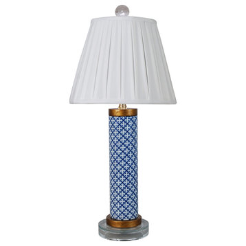 Blue and White Small  Table Lamp Gold Trim With Crystal Base