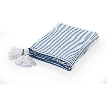 Ivory Striped Throw Blanket with Tassels, Blue/Ivory