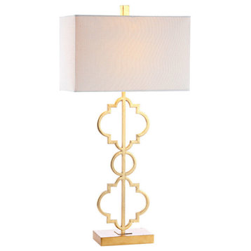 Selina 32" Iron Ogee Trellis Modern LED USB Table Lamp, Gold by JONATHAN Y