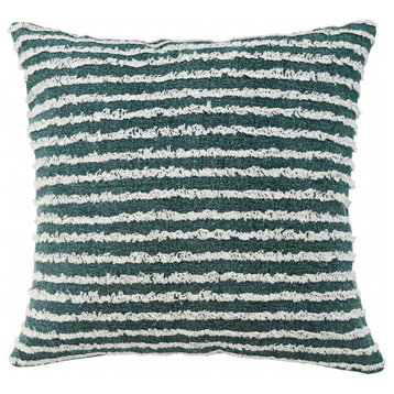 20" X 20" Green And Cream 100% Cotton Striped Zippered Pillow