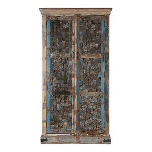 Indian Solid Wood Cabinet With Hand Painted Tiles Double Door Xl
