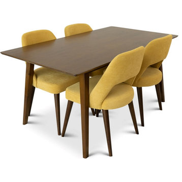 Darlene 5-Piece Mid-Century Dining Set w/ 4 Fabric Dining Chairs in Yellow