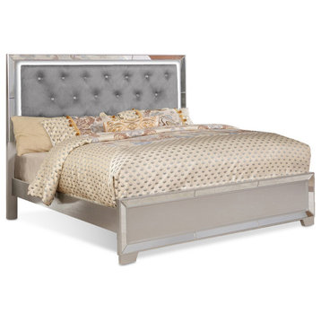 Benzara BM283198 Eli Crystal Tufted Queen Bed, LED, Mirror, Silver