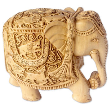 Handmade Elephant Goes Hunting Wood Sculpture, India