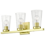 Livex Lighting - Cityview 3 Light Satin Brass Vanity Sconce - Brighten up your bathroom vanity with the sleek look of the Cityview three light vanity sconce. The tapered clear glass shades and the satin brass finish make a perfect match.