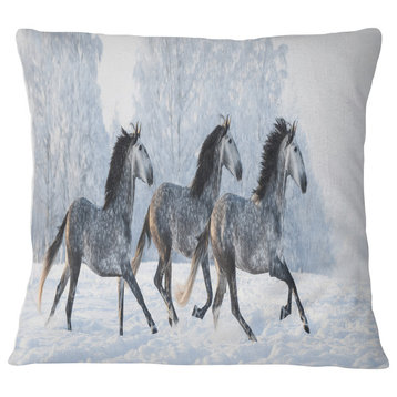 Herd of Horses Run Across Snow Landscape Printed Throw Pillow, 16"x16"