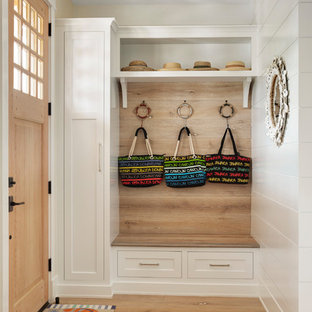 Пример оригинального дизайна интерьера: тамбур в морском стиле с белыми стенами, паркетным полом среднего тона, одностворчатой входной дверью, входной дверью из дерева среднего тона и коричневым полом