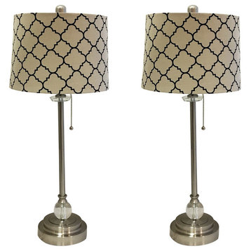 28" Crystal Buffet Lamp With Moroccan Print Drum Shade, Brushed Nickel, Set of 2