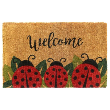 Red Handloom Woven & Printed Ladybug Coir Doormat, 18"x30"