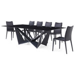 Zuri Furniture - Modern Serra 94 Inch Smoked Glass Dining Table Set with 8 Chairs - The Serra 94 Inch Dining Table Set lives up to its' name which is an homage to the famous minimalist sculptor whose imposing steel structures seem to defy both gravity and logic. This deceptively simple table features a powder-coated matte black steel base of four open triangles that balance together to support an expansive round piece of thick tempered smoked black glass. When looked at straight on the silhouette seems to disappear but from another angle it appears solid and monumental in form. This is paired with your choice of six, eight or ten of our Jordan Dining Chairs. These feature a simple silhouette with a lightly padded seat upholstered in black leatherette with a subtle rounded backrest for superior lumbar support. With matching matte black powder-coated angular legs, Jordan and Serra were literally made for each other! Add a matching console table to use as basic buffet to complete your modern or industrial living space.