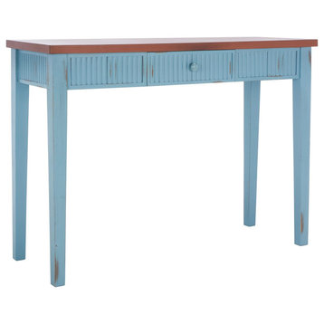 Rustic Console Table, Wood Frame With Fluted Accents & Large Drawer, Blue/Oak