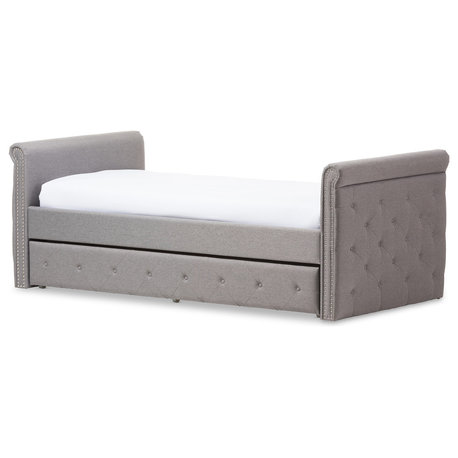 Swamson Fabric Tufted Twin Size Daybed With Roll-Out Trundle, Gray