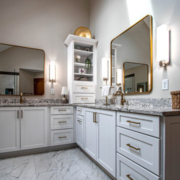 Luxurious White Bathroom with Barrier Free Shower, Make-up area and Storage